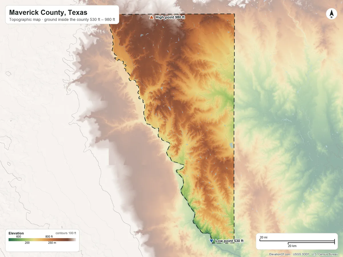 Topographic elevation map of Maverick County, Texas, shaded from 530 ft on the south side to 980 ft on the north side
