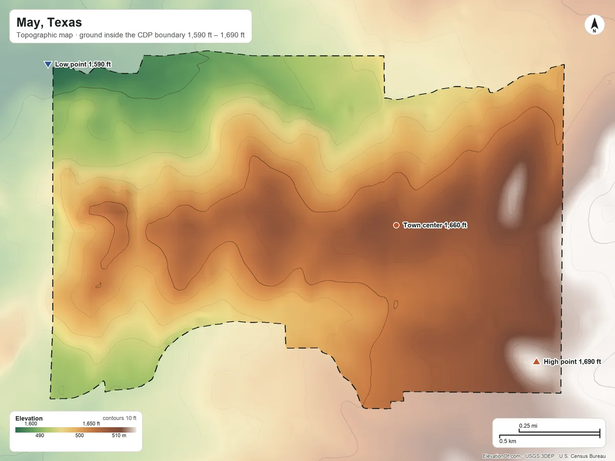 Topographic elevation map of May, Texas, shaded from 1,590 ft on the northwest side to 1,690 ft on the southeast side