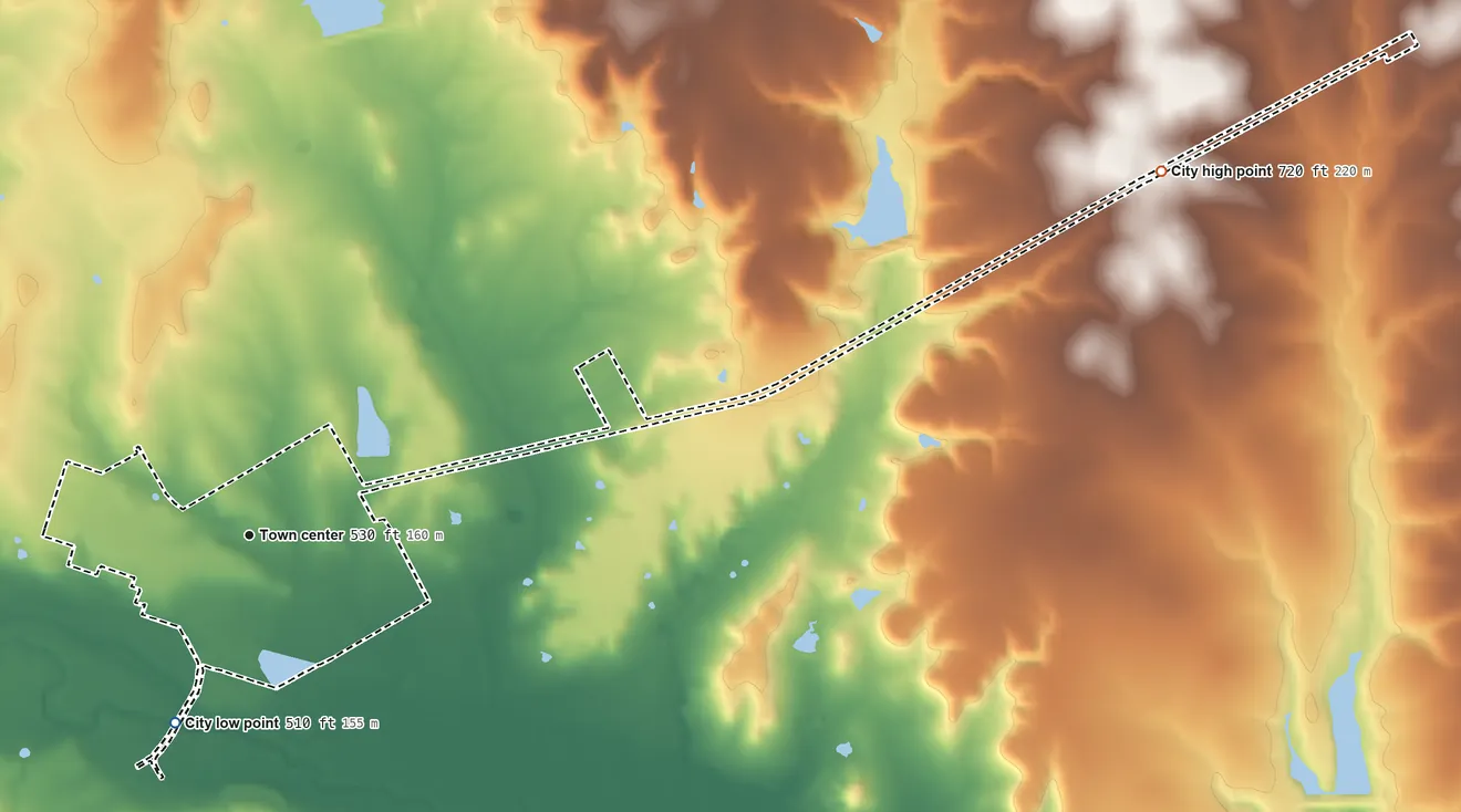 Topographic elevation map of Maypearl, Texas, shaded from 510 ft on the south side to 720 ft on the east side