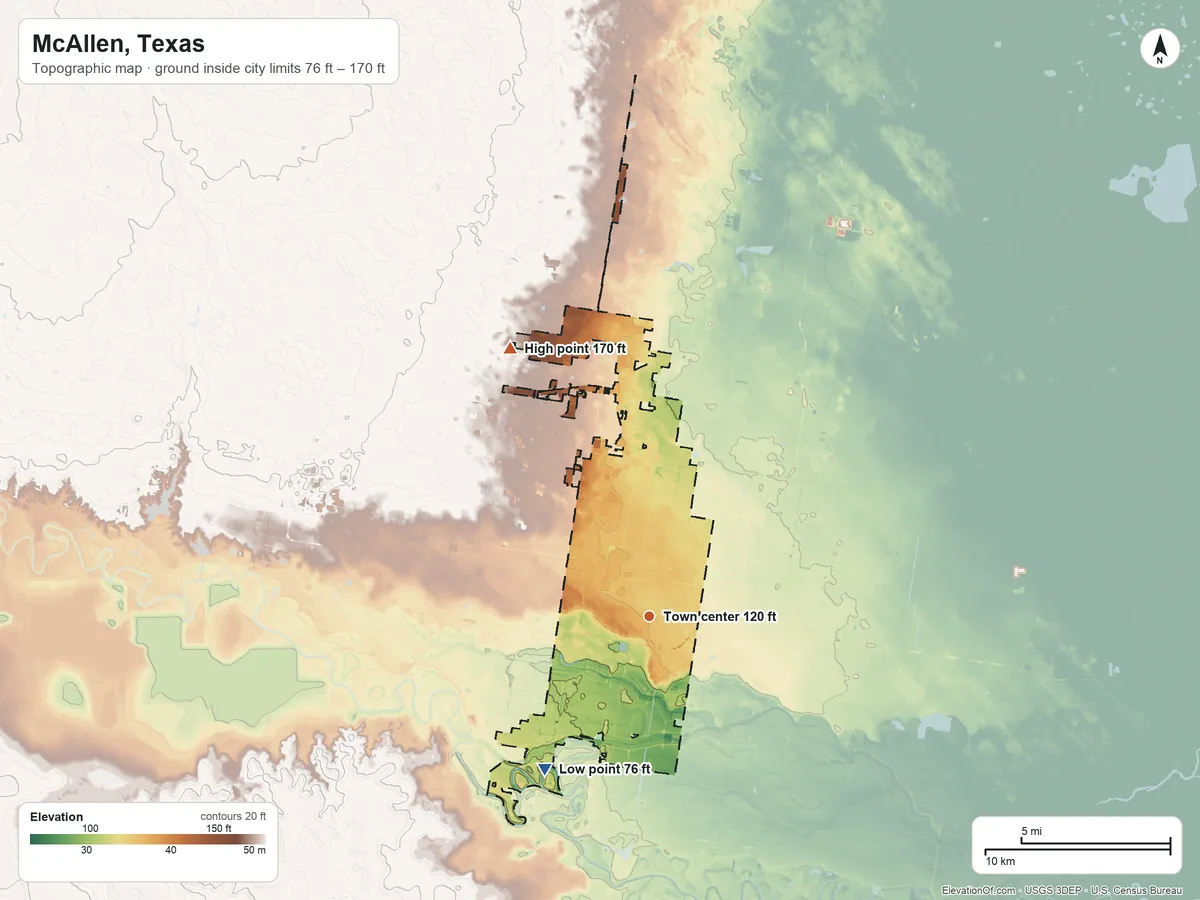 Topographic elevation map of McAllen, Texas, shaded from 76 ft on the southwest side to 170 ft on the northwest side