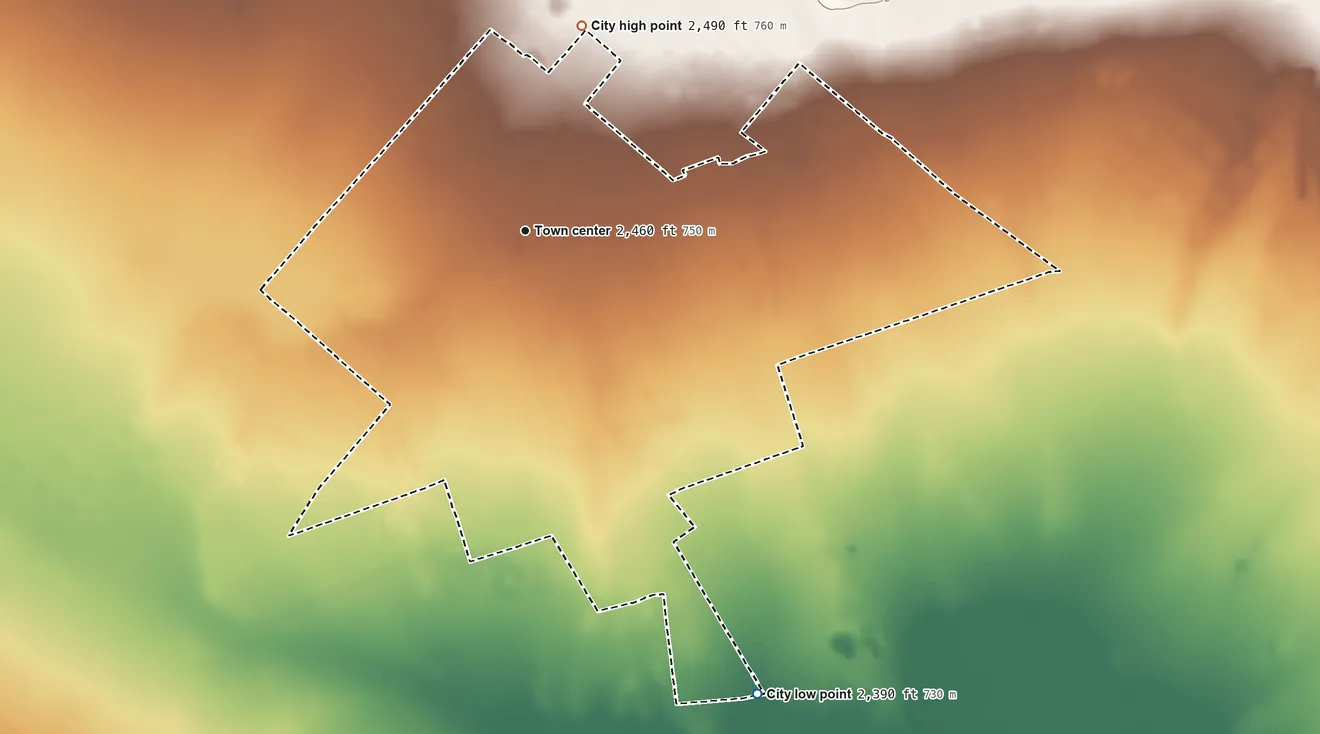 Topographic elevation map of McCamey, Texas, shaded from 2,390 ft on the southeast side to 2,490 ft on the north side