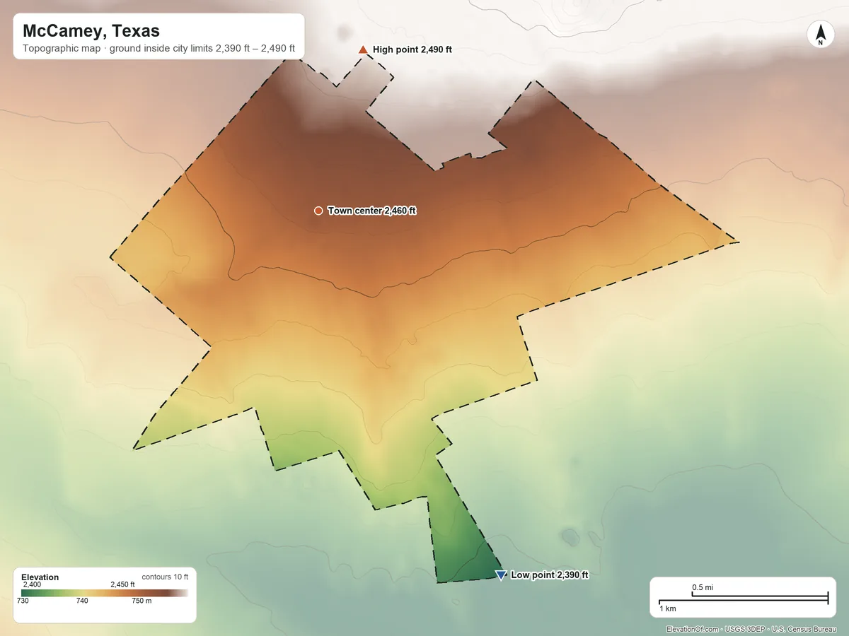Topographic elevation map of McCamey, Texas, shaded from 2,390 ft on the southeast side to 2,490 ft on the north side