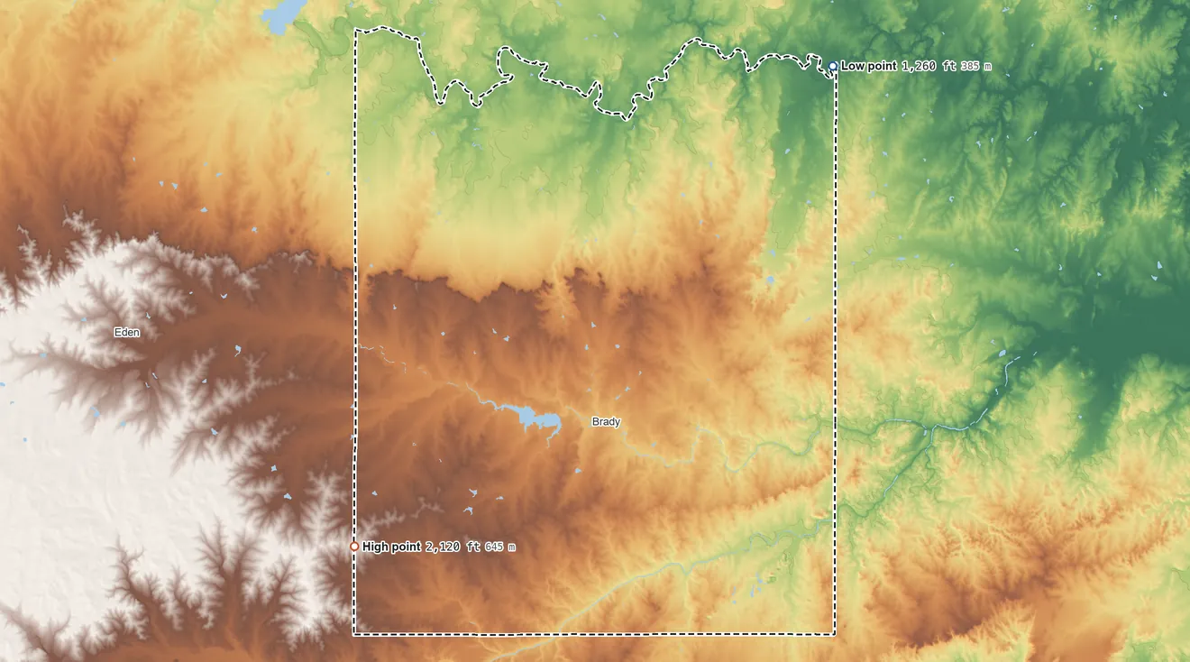 Topographic elevation map of McCulloch County, Texas, shaded from 1,260 ft on the northeast side to 2,120 ft on the southwest side
