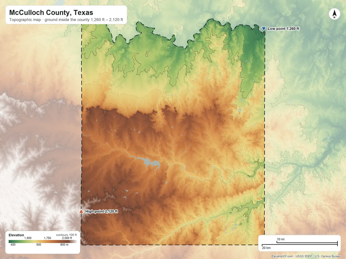 Topographic elevation map of McCulloch County, Texas, shaded from 1,260 ft on the northeast side to 2,120 ft on the southwest side