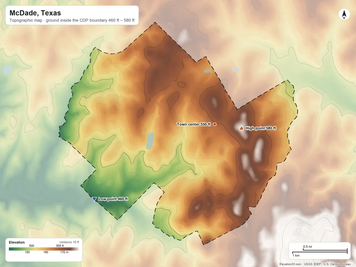 Topographic elevation map of McDade, Texas, shaded from 460 ft on the southwest side to 580 ft near the middle