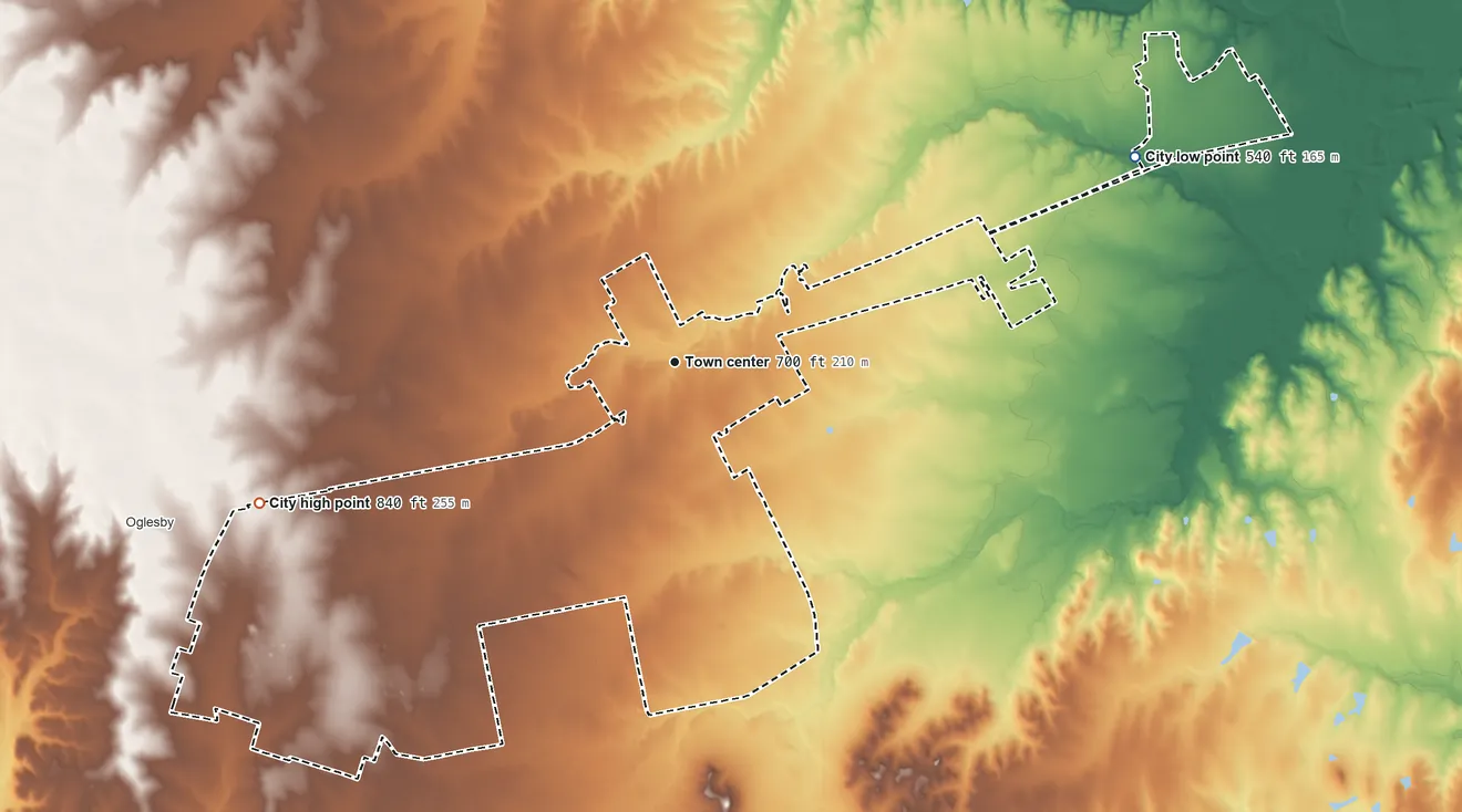 Topographic elevation map of McGregor, Texas, shaded from 540 ft on the northeast side to 840 ft on the west side