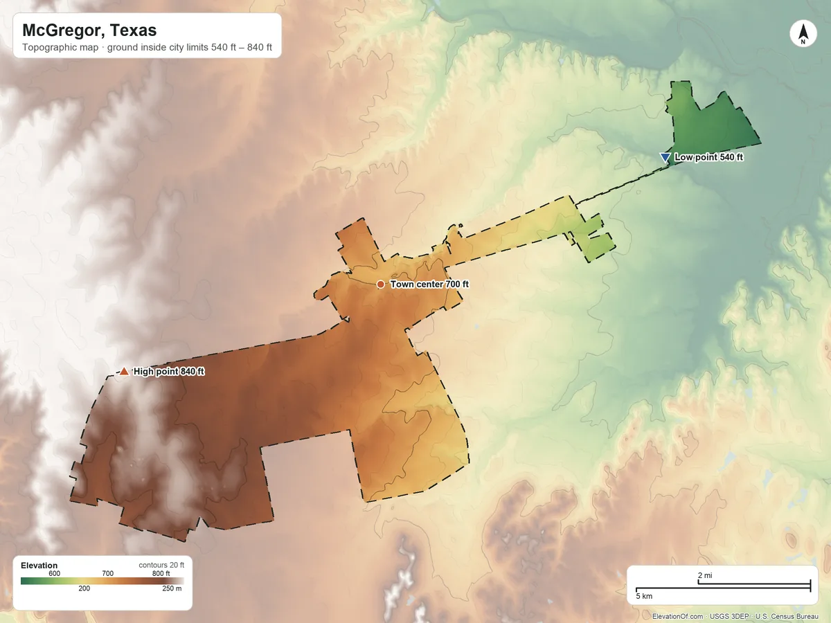 Topographic elevation map of McGregor, Texas, shaded from 540 ft on the northeast side to 840 ft on the west side