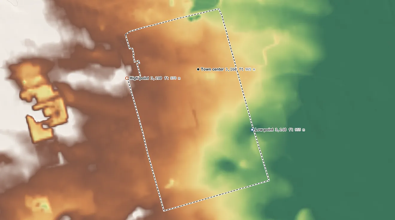 Topographic elevation map of McKinney Acres, Texas, shaded from 3,140 ft on the southeast side to 3,190 ft on the west side