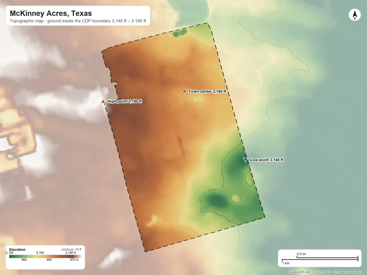 Topographic elevation map of McKinney Acres, Texas, shaded from 3,140 ft on the southeast side to 3,190 ft on the west side