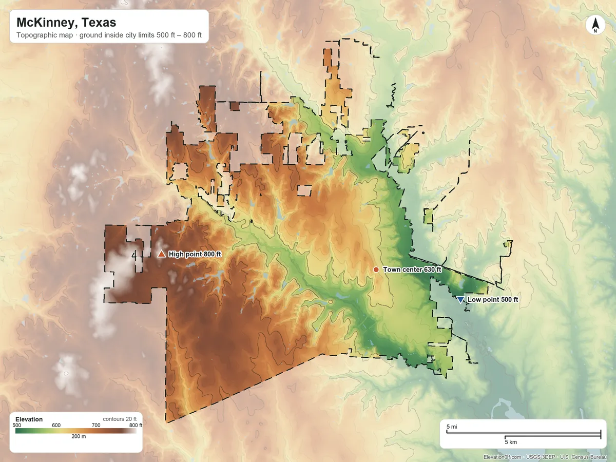 Topographic elevation map of McKinney, Texas, shaded from 500 ft on the east side to 800 ft on the west side
