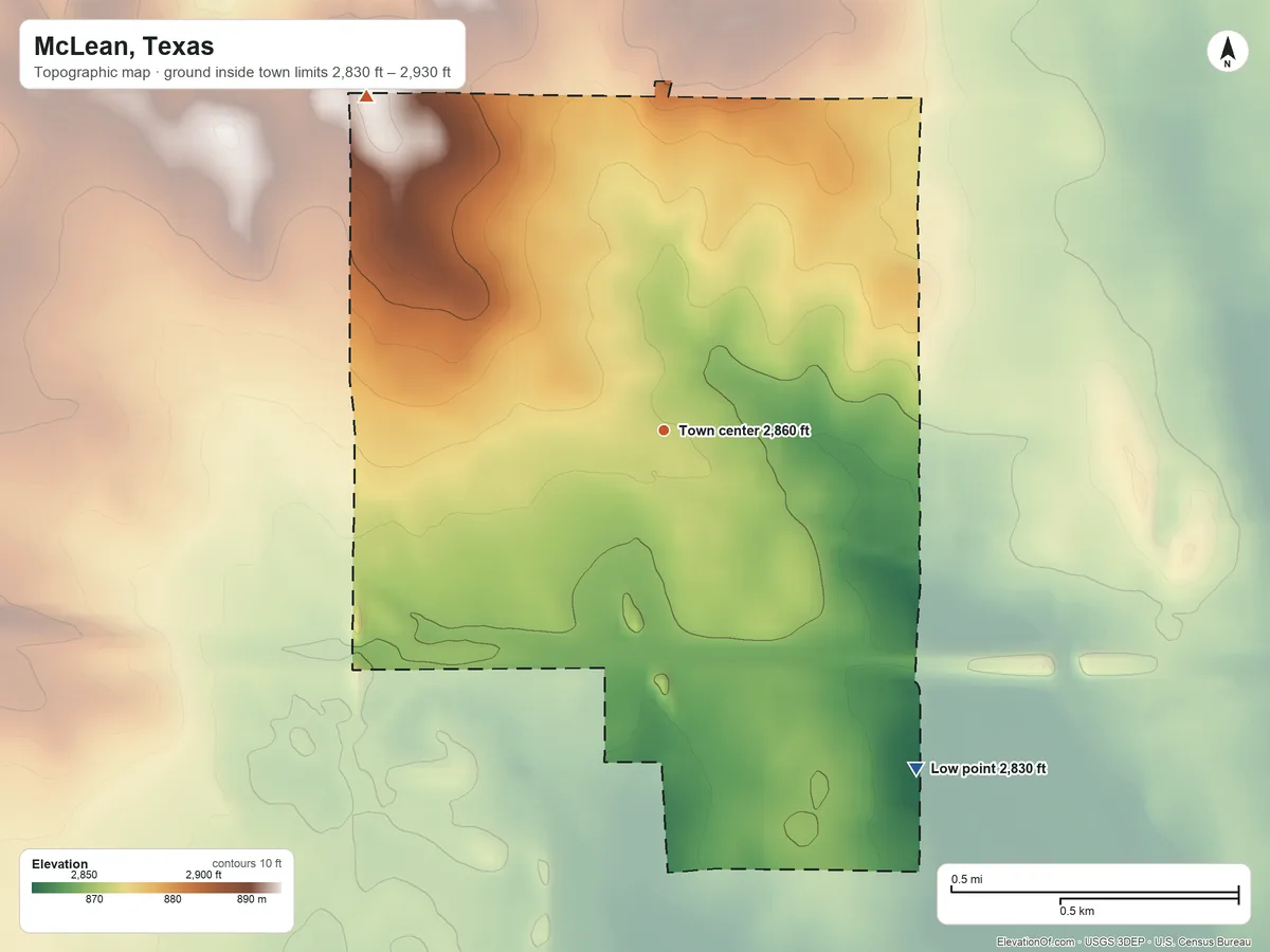 Topographic elevation map of McLean, Texas, shaded from 2,830 ft on the southeast side to 2,930 ft on the northwest side