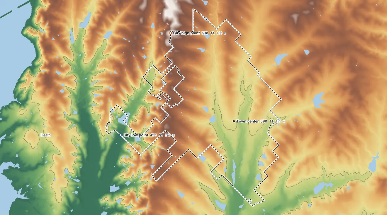 Topographic elevation map of McLendon-Chisholm, Texas, shaded from 450 ft on the west side to 590 ft on the northwest side