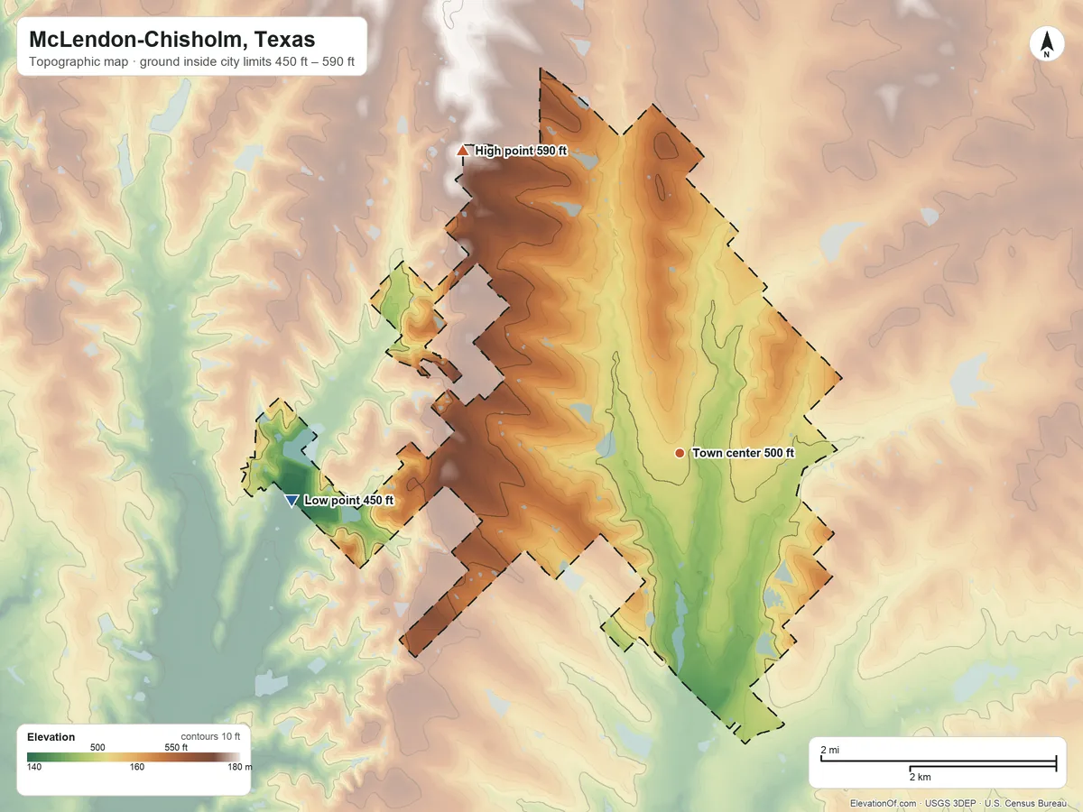 Topographic elevation map of McLendon-Chisholm, Texas, shaded from 450 ft on the west side to 590 ft on the northwest side