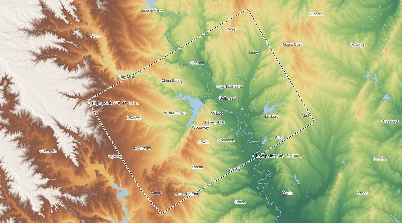 Topographic elevation map of McLennan County, Texas, shaded from 340 ft on the southeast side to 970 ft on the west side