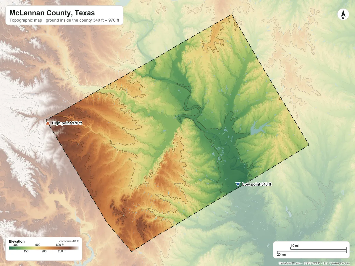Topographic elevation map of McLennan County, Texas, shaded from 340 ft on the southeast side to 970 ft on the west side