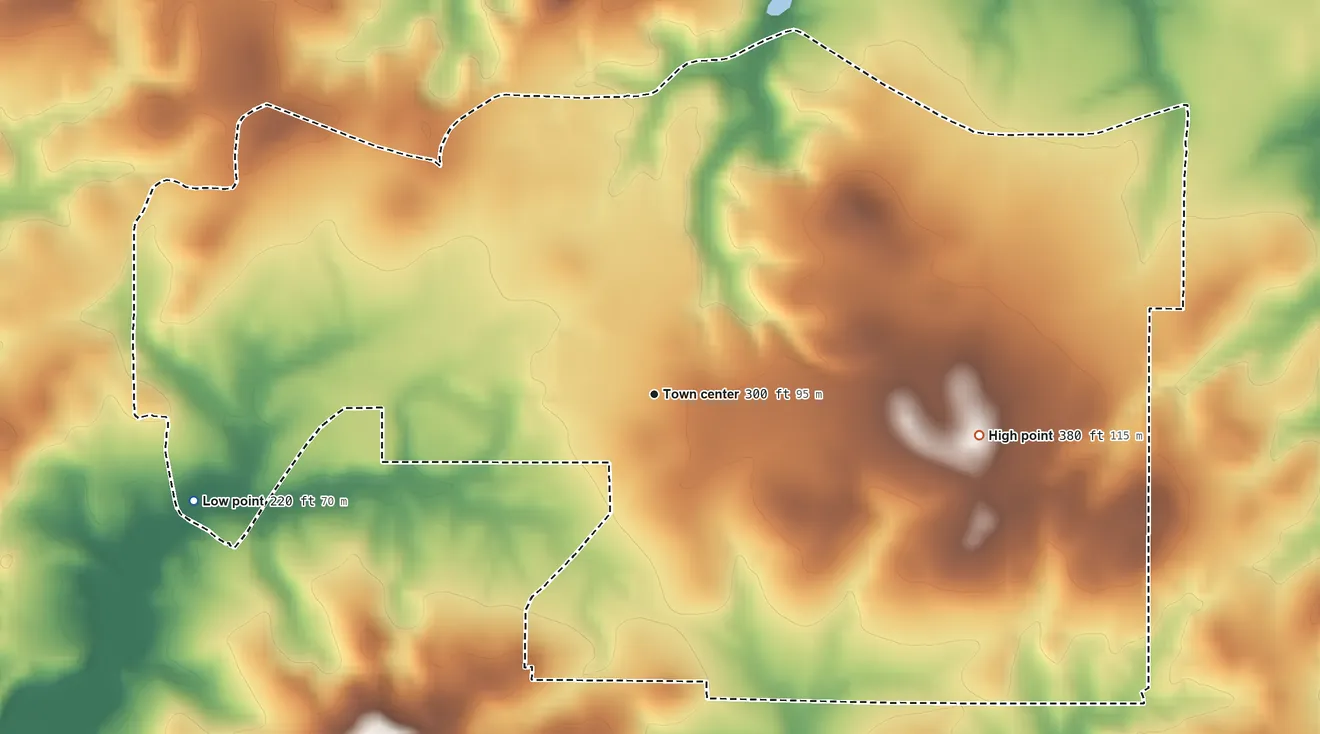 Topographic elevation map of McLeod, Texas, shaded from 220 ft on the west side to 380 ft on the east side