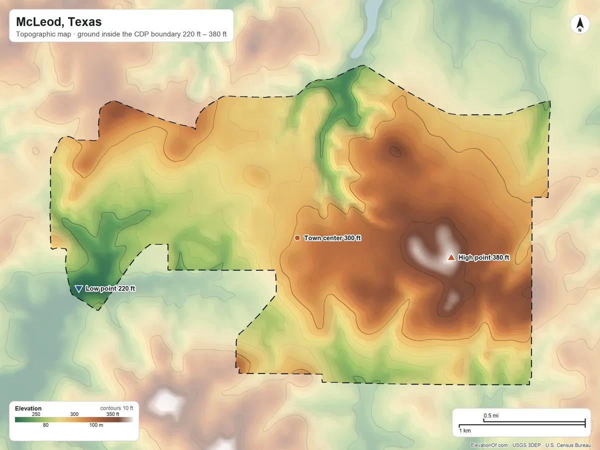 Topographic elevation map of McLeod, Texas, shaded from 220 ft on the west side to 380 ft on the east side