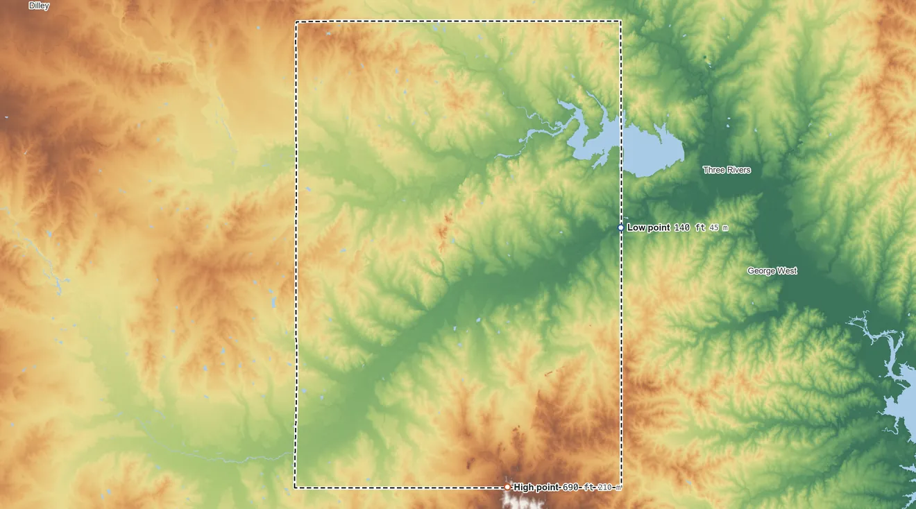 Topographic elevation map of McMullen County, Texas, shaded from 140 ft on the east side to 690 ft on the south side