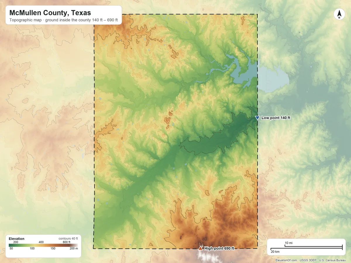 Topographic elevation map of McMullen County, Texas, shaded from 140 ft on the east side to 690 ft on the south side