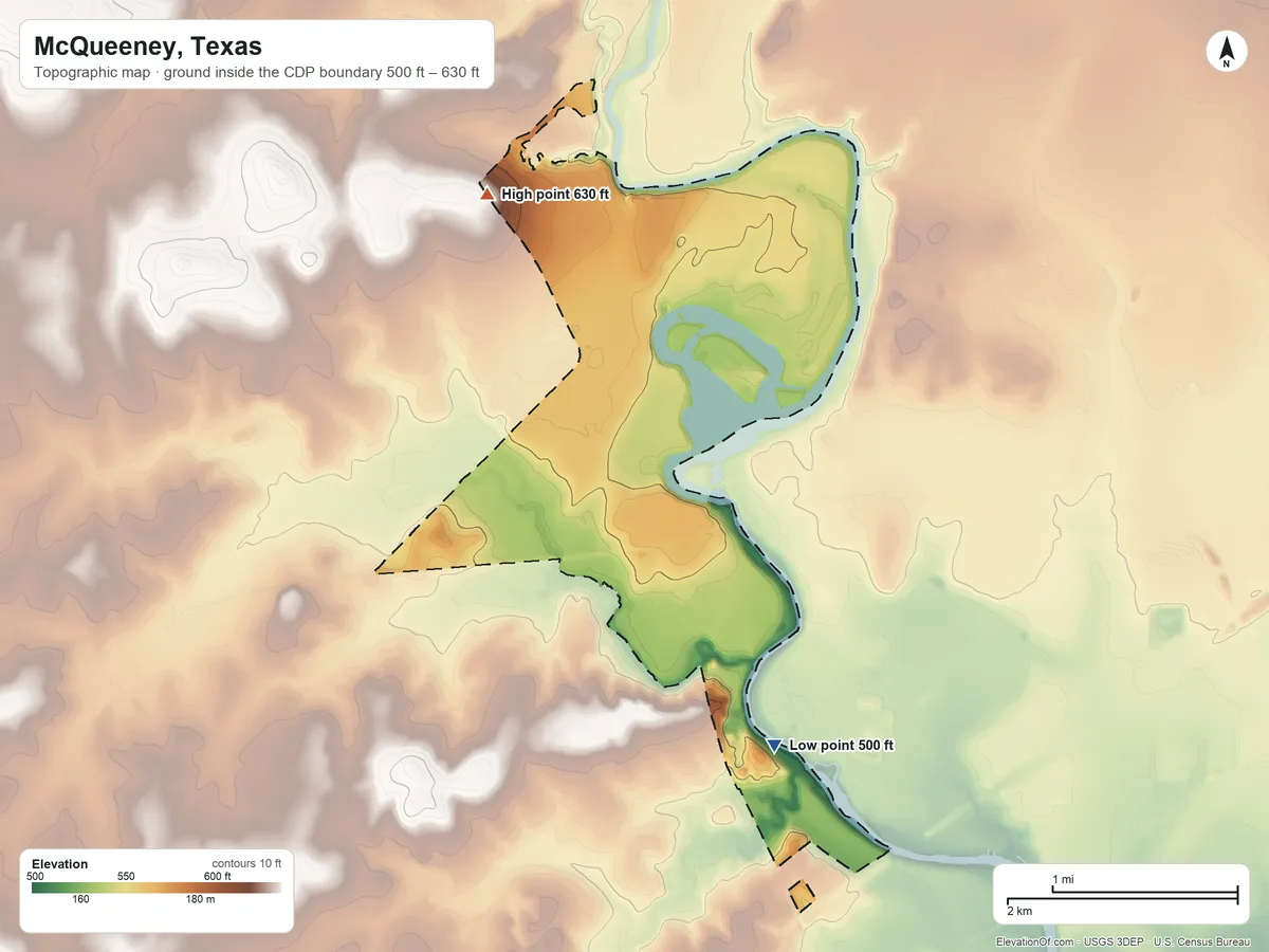 Topographic elevation map of McQueeney, Texas, shaded from 500 ft on the south side to 630 ft on the northwest side