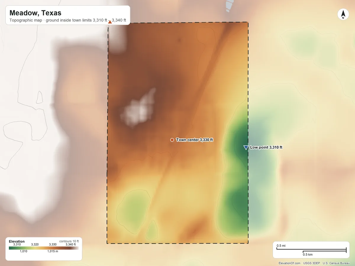 Topographic elevation map of Meadow, Texas, shaded from 3,310 ft on the east side to 3,340 ft on the northwest side