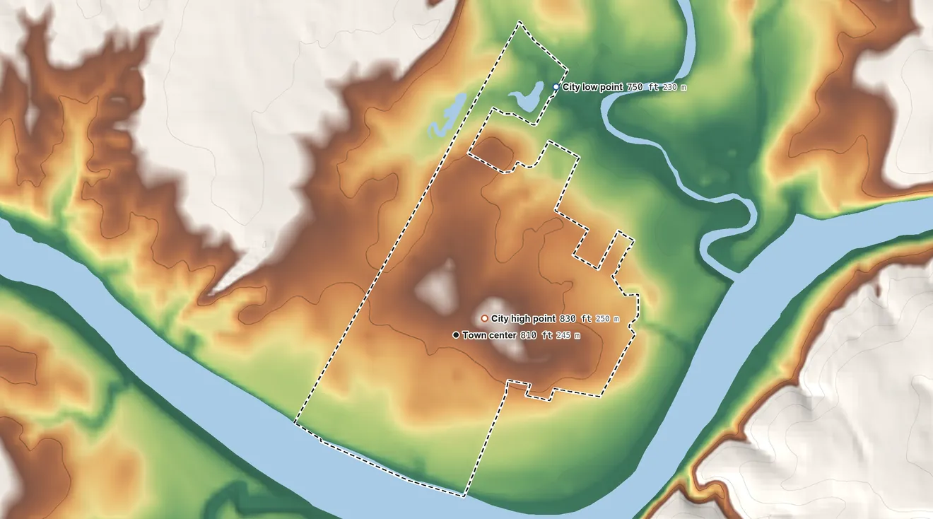 Topographic elevation map of Meadowlakes, Texas, shaded from 750 ft on the north side to 830 ft near the middle