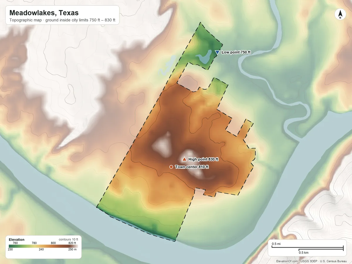 Topographic elevation map of Meadowlakes, Texas, shaded from 750 ft on the north side to 830 ft near the middle