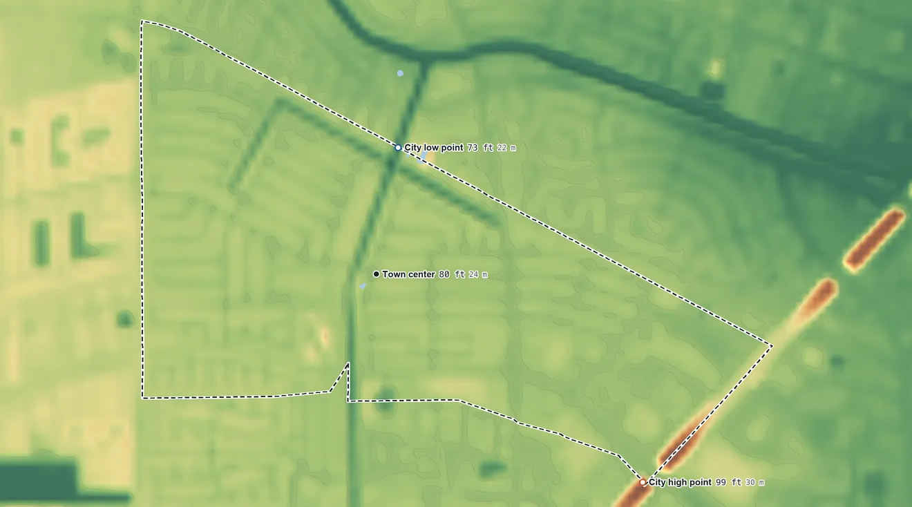 Topographic elevation map of Meadows Place, Texas, shaded from 73 ft on the north side to 99 ft on the southeast side