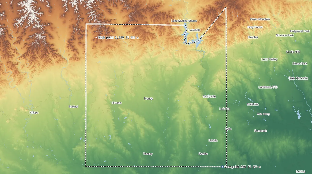Topographic elevation map of Medina County, Texas, shaded from 560 ft on the southeast side to 2,040 ft on the northwest side