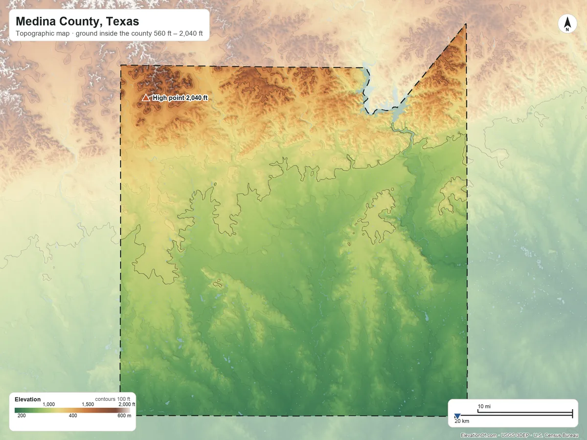 Topographic elevation map of Medina County, Texas, shaded from 560 ft on the southeast side to 2,040 ft on the northwest side