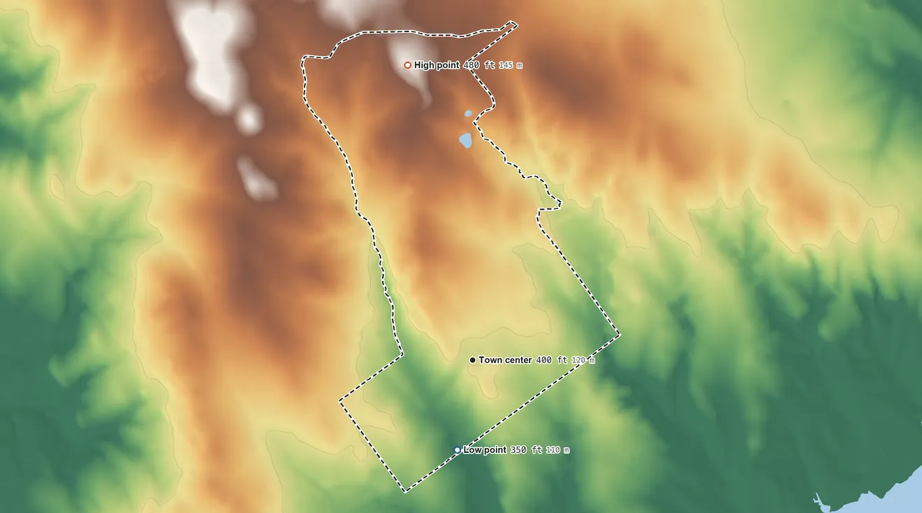 Topographic elevation map of Medina, Texas, shaded from 350 ft on the south side to 480 ft on the north side