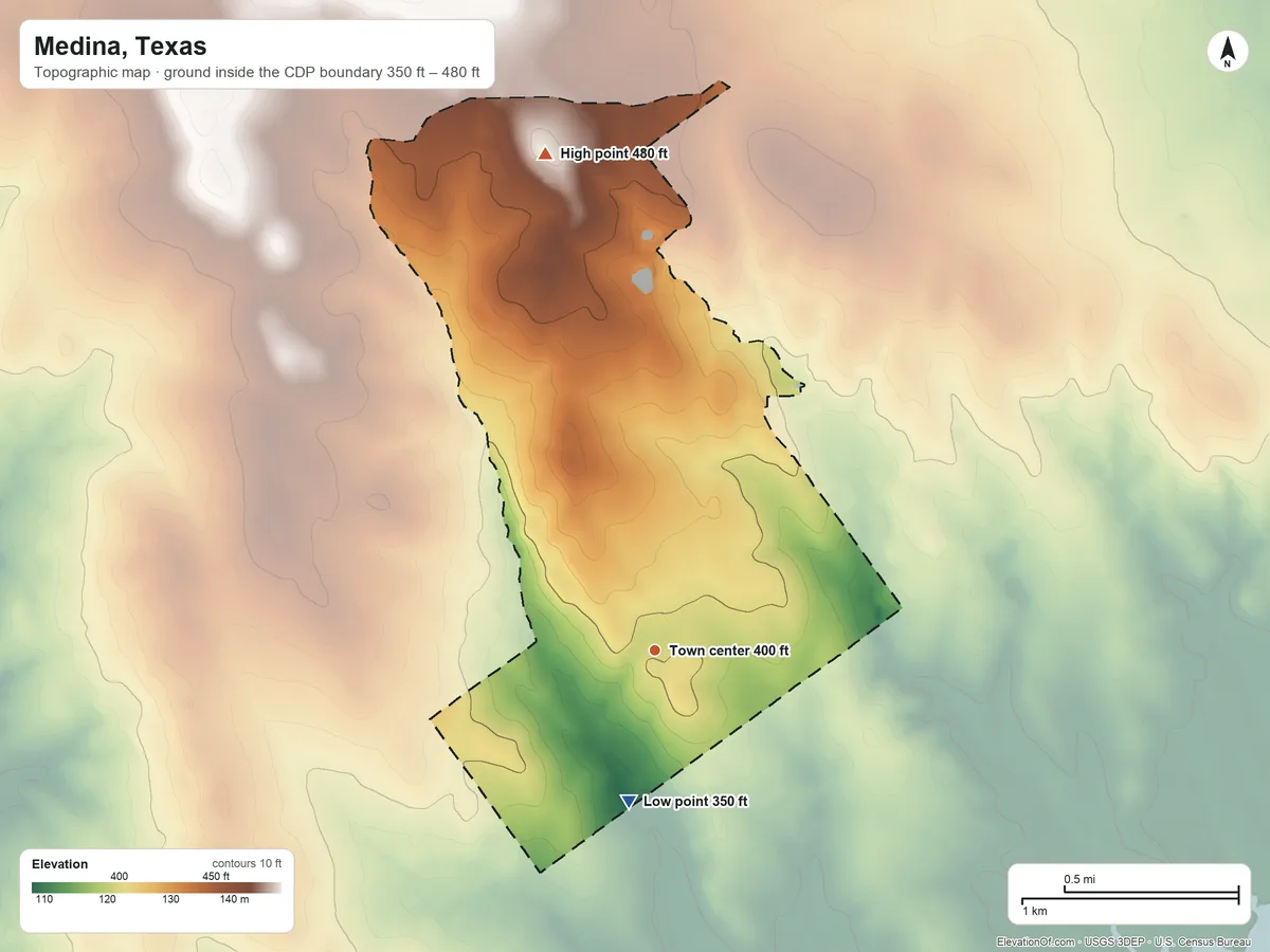 Topographic elevation map of Medina, Texas, shaded from 350 ft on the south side to 480 ft on the north side