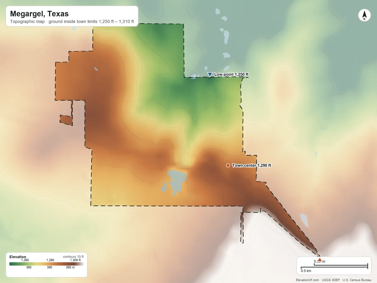 Topographic elevation map of Megargel, Texas, shaded from 1,250 ft on the north side to 1,310 ft on the southeast side