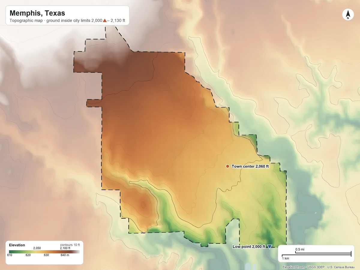 Topographic elevation map of Memphis, Texas, shaded from 2,000 ft on the southeast side to 2,130 ft on the northwest side
