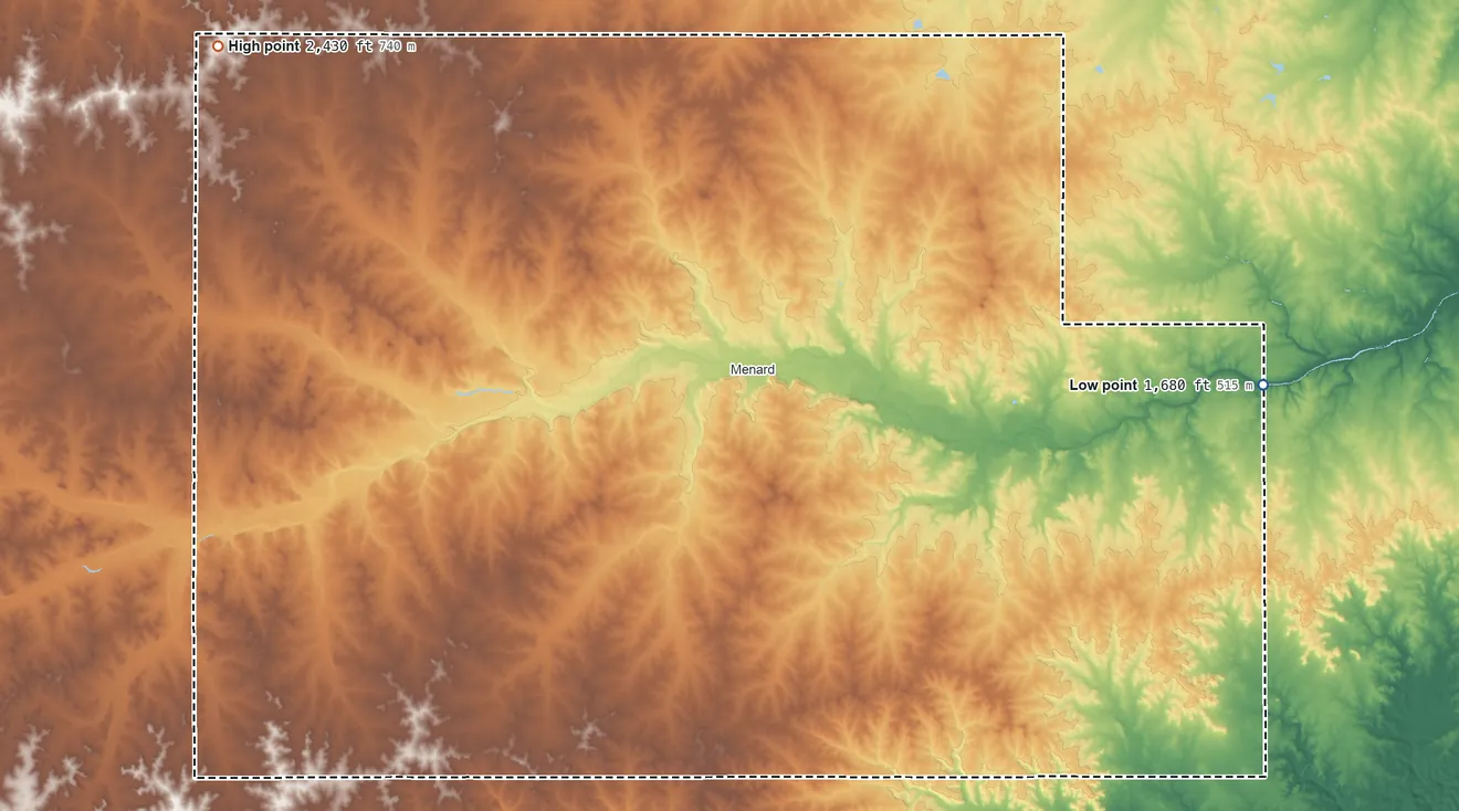 Topographic elevation map of Menard County, Texas, shaded from 1,680 ft on the east side to 2,430 ft on the northwest side