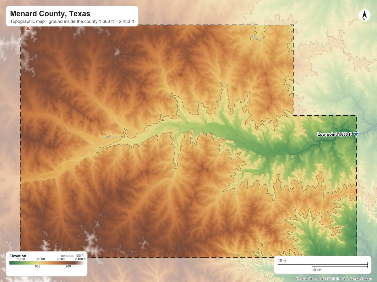 Topographic elevation map of Menard County, Texas, shaded from 1,680 ft on the east side to 2,430 ft on the northwest side
