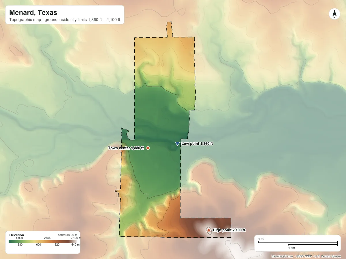 Topographic elevation map of Menard, Texas, shaded from 1,860 ft on the east side to 2,100 ft on the southeast side