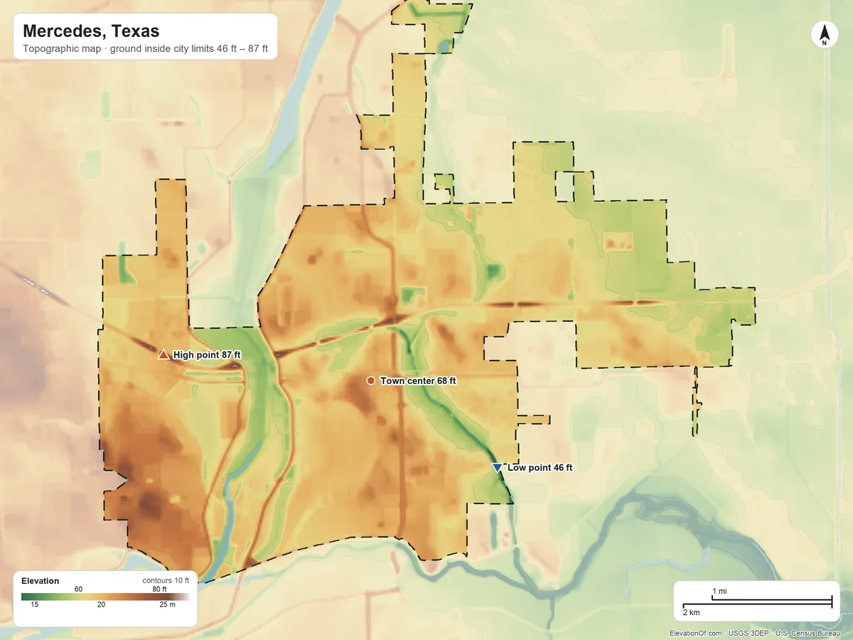 Topographic elevation map of Mercedes, Texas, shaded from 46 ft on the southeast side to 87 ft on the west side