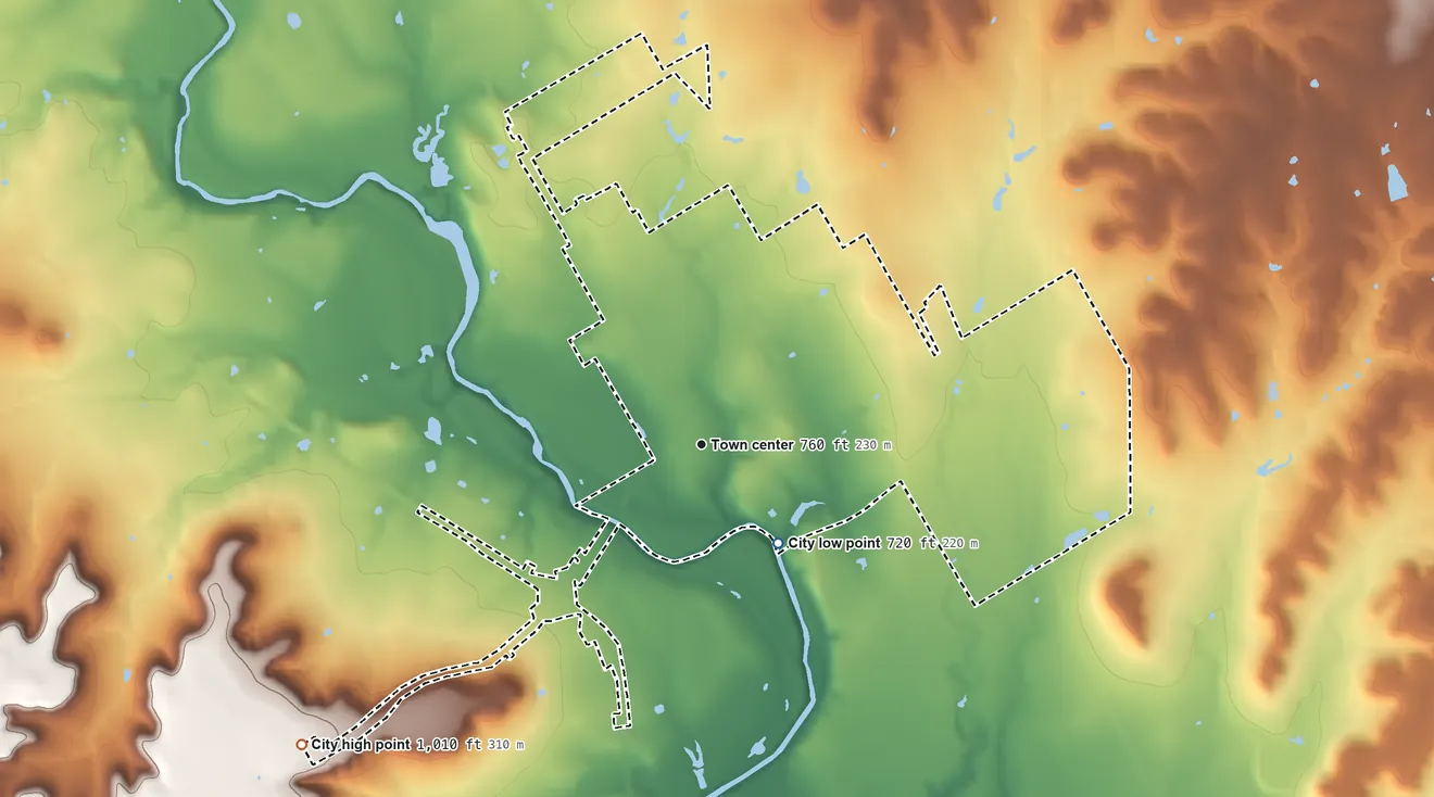 Topographic elevation map of Meridian, Texas, shaded from 720 ft on the southeast side to 1,010 ft on the southwest side