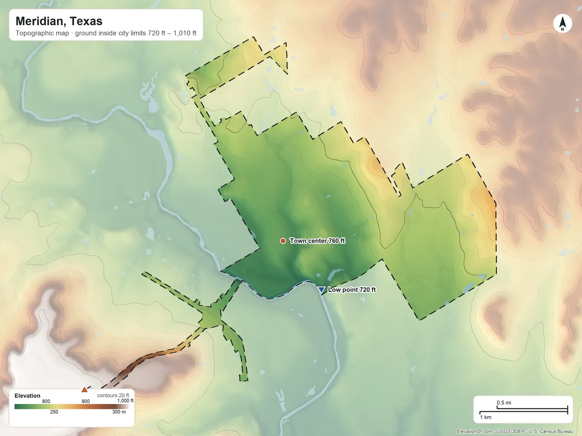 Topographic elevation map of Meridian, Texas, shaded from 720 ft on the southeast side to 1,010 ft on the southwest side
