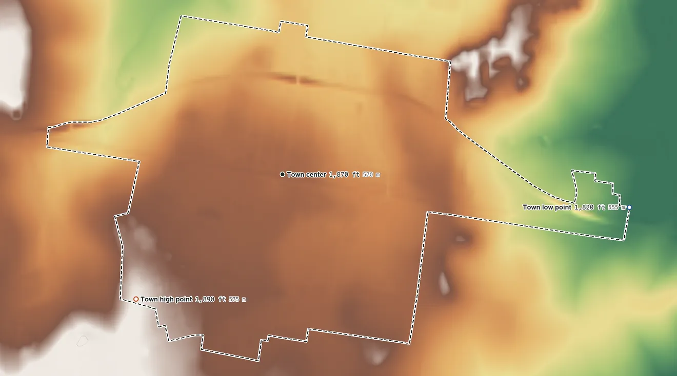 Topographic elevation map of Merkel, Texas, shaded from 1,820 ft on the east side to 1,890 ft on the southwest side