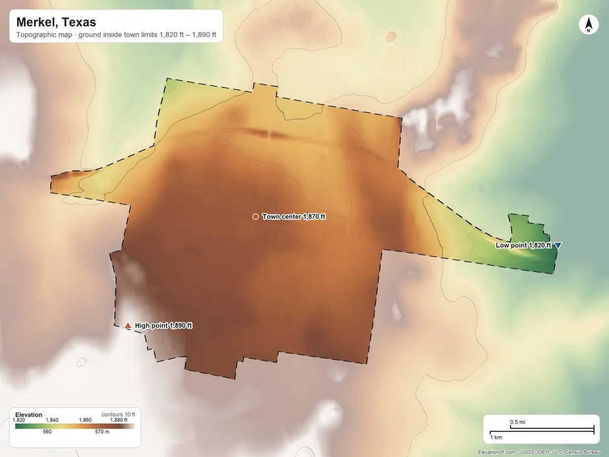 Topographic elevation map of Merkel, Texas, shaded from 1,820 ft on the east side to 1,890 ft on the southwest side