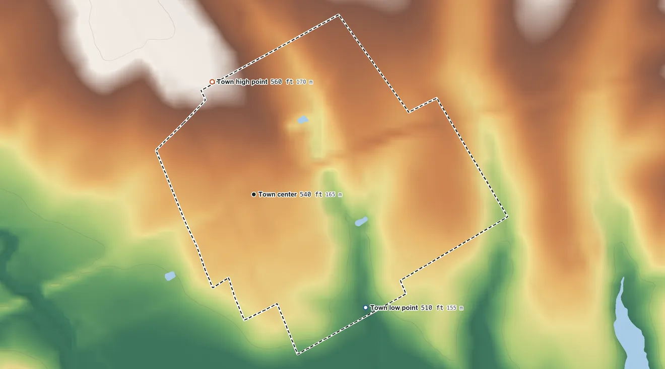 Topographic elevation map of Mertens, Texas, shaded from 510 ft on the southeast side to 560 ft on the north side