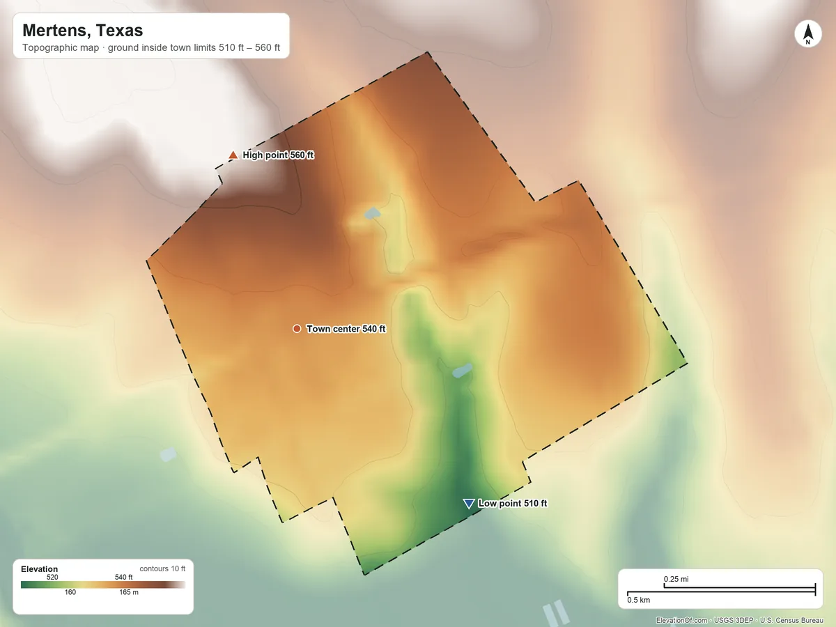 Topographic elevation map of Mertens, Texas, shaded from 510 ft on the southeast side to 560 ft on the north side