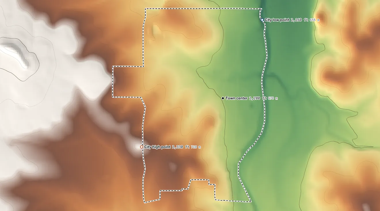 Topographic elevation map of Mertzon, Texas, shaded from 2,160 ft on the northeast side to 2,330 ft on the southwest side