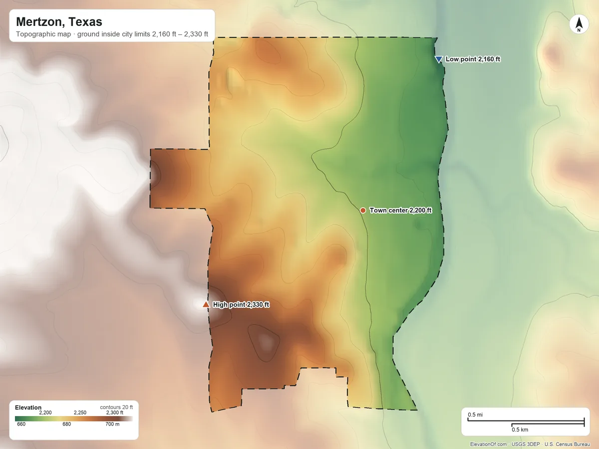 Topographic elevation map of Mertzon, Texas, shaded from 2,160 ft on the northeast side to 2,330 ft on the southwest side