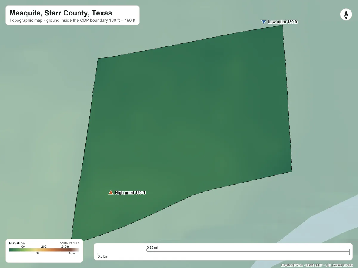 Topographic elevation map of Mesquite, Starr County, Texas, shaded from 180 ft on the northeast side to 190 ft on the southwest side