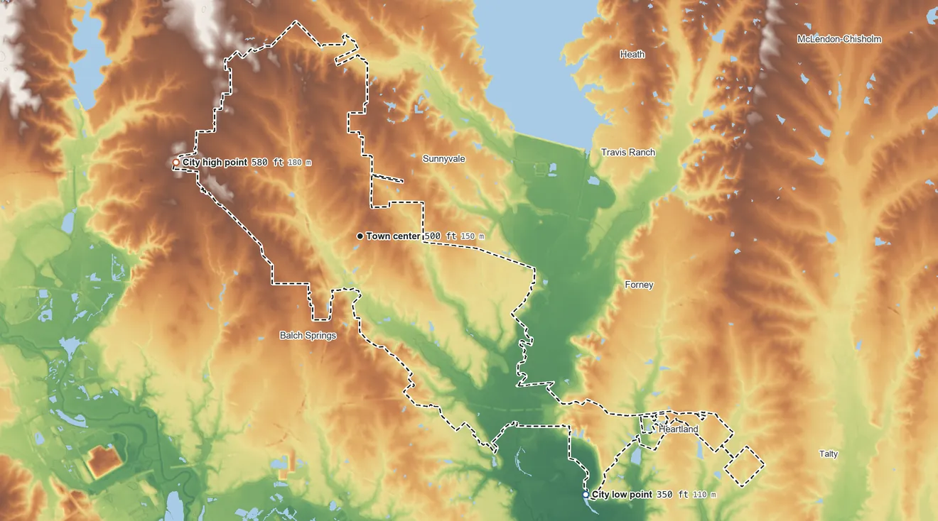 Topographic elevation map of Mesquite, Texas, shaded from 350 ft on the southeast side to 580 ft on the west side