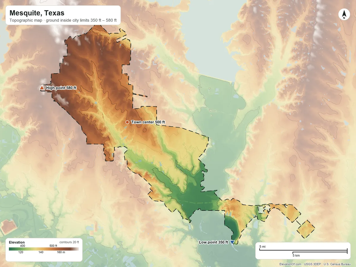 Topographic elevation map of Mesquite, Texas, shaded from 350 ft on the southeast side to 580 ft on the west side