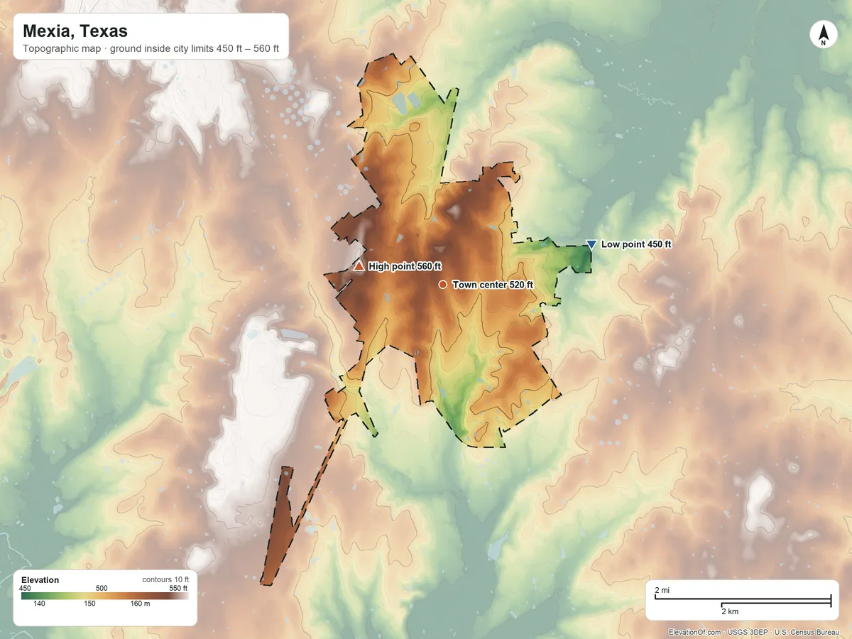 Topographic elevation map of Mexia, Texas, shaded from 450 ft on the east side to 560 ft on the west side